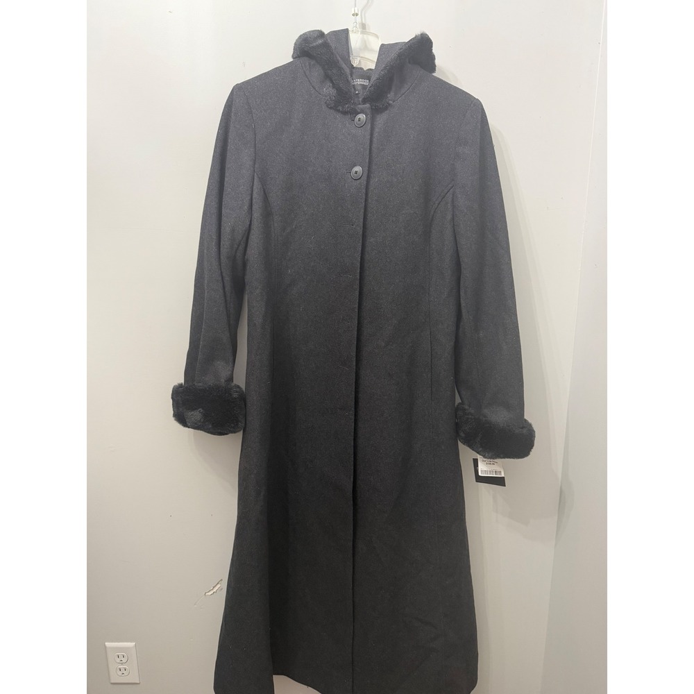 Donny Brook Faux Fur Trim Hooded Long Trench Coat Black Wool Blend 16 NWT